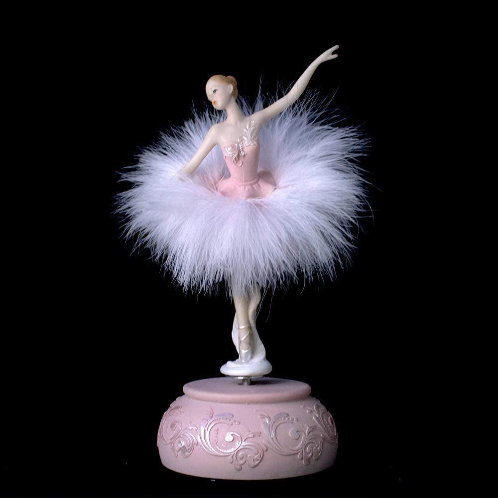 Ballerina with Feather Skirt Spinning Music Box Figurine, (Pink)