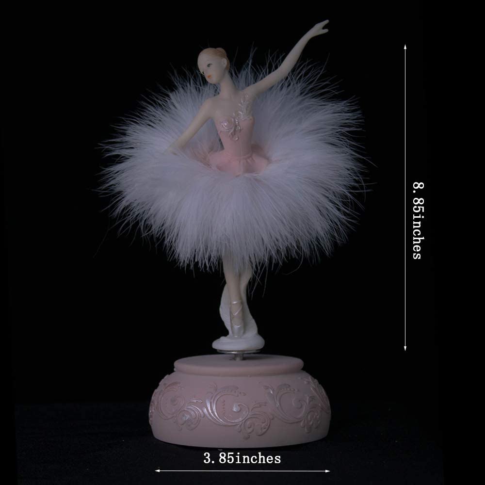 Ballerina with Feather Skirt Spinning Music Box Figurine, (Pink)