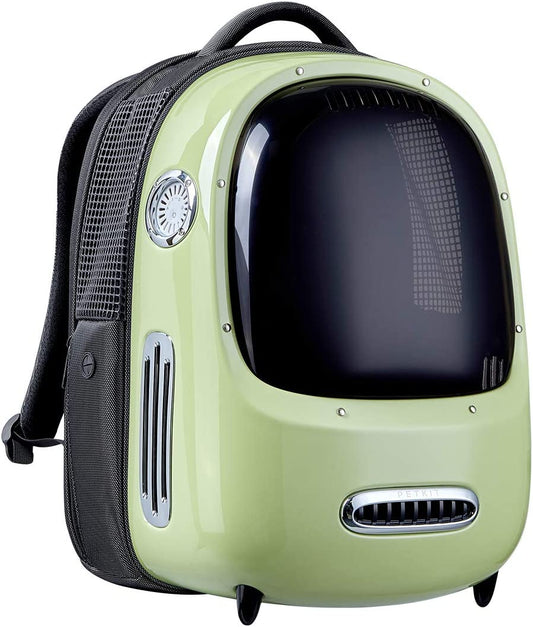 Pet backpack with built-in fan and light, for travel, green