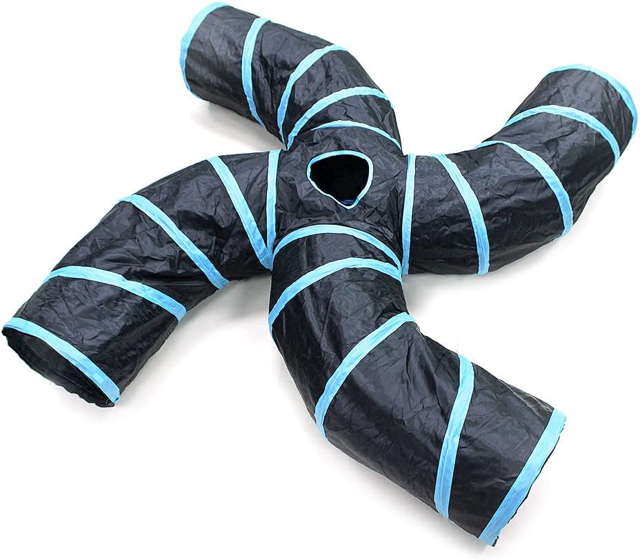 Cat tunnel, 4 way, foldable, blue and black color, polyester