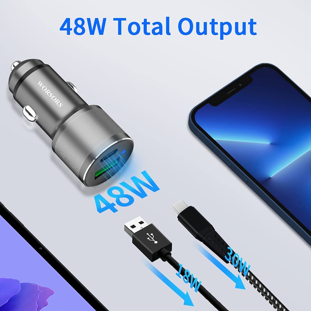 USB C Fast Car Charger Dual Port PD 48W(30W) & QC(18W)