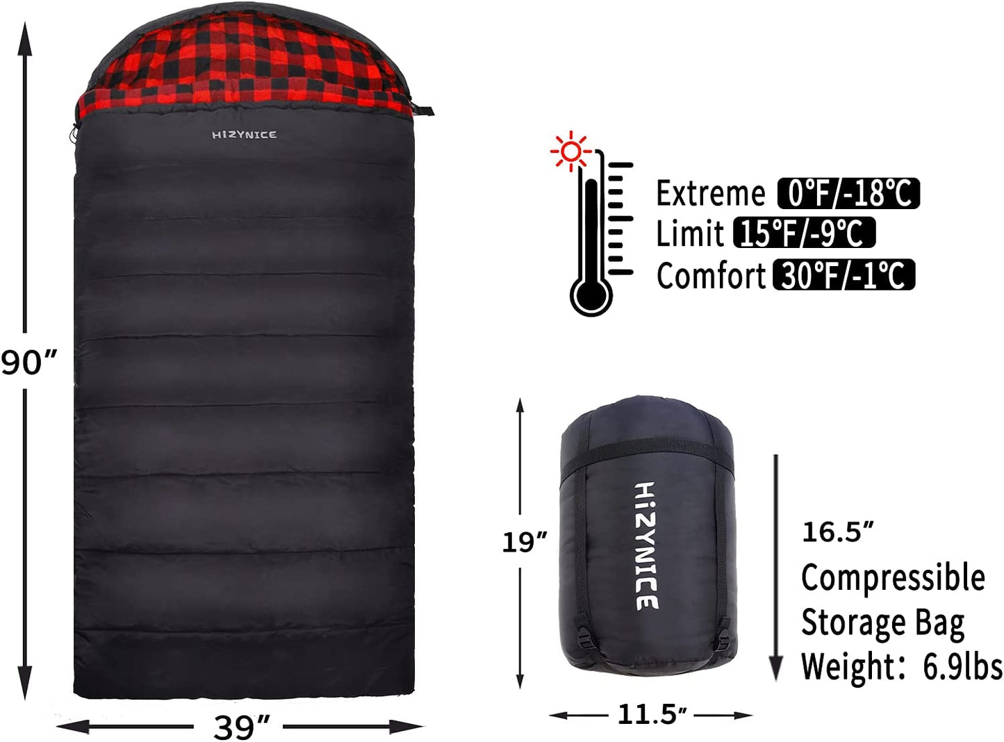 Flannel Sleeping Bag, Size: 90" x 39" Right Zip, Color: Black