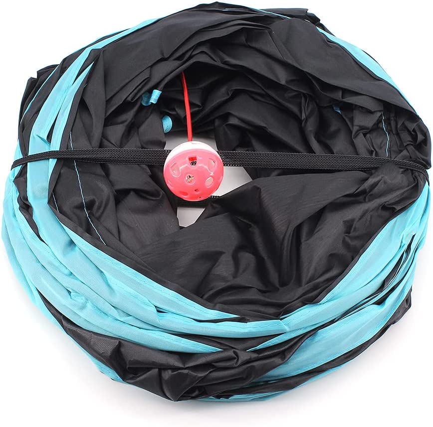 Cat tunnel, 4 way, foldable, blue and black color, polyester