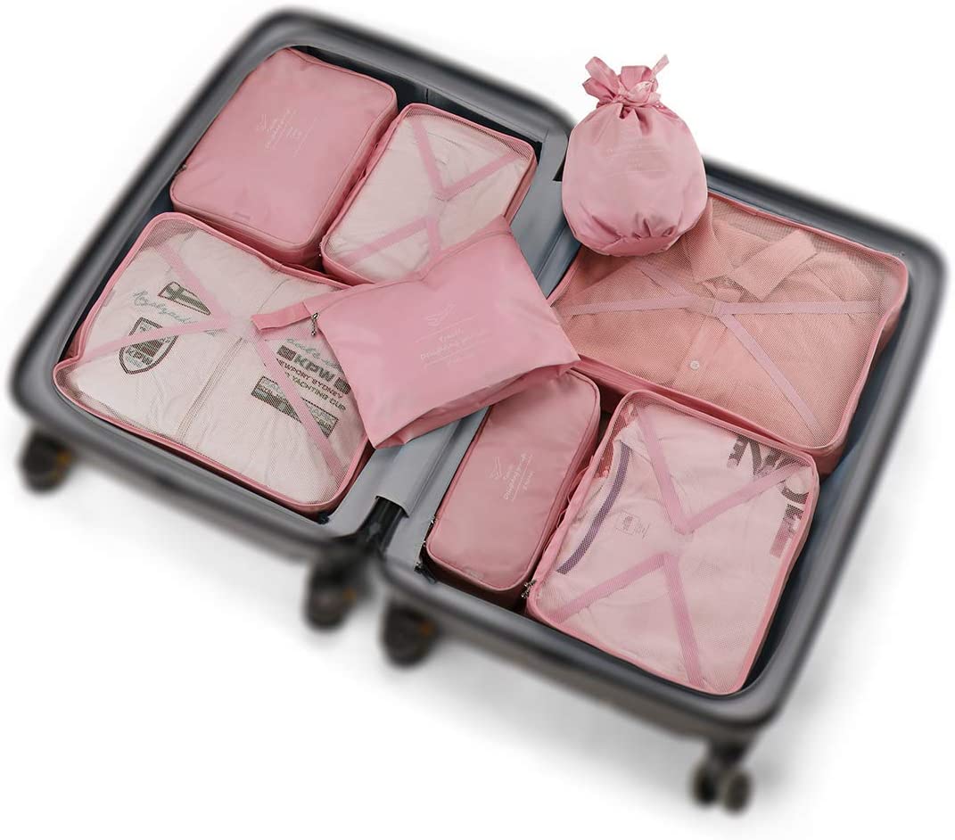 Travel packing cubes, waterproof, 8 pieces (pink)