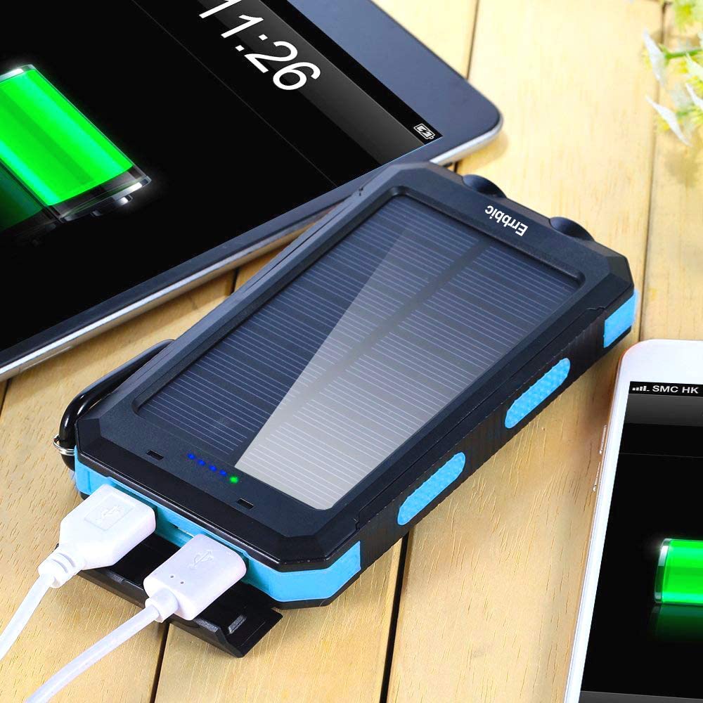 Solar Power, Waterproof and Compass Portable Charger, blue