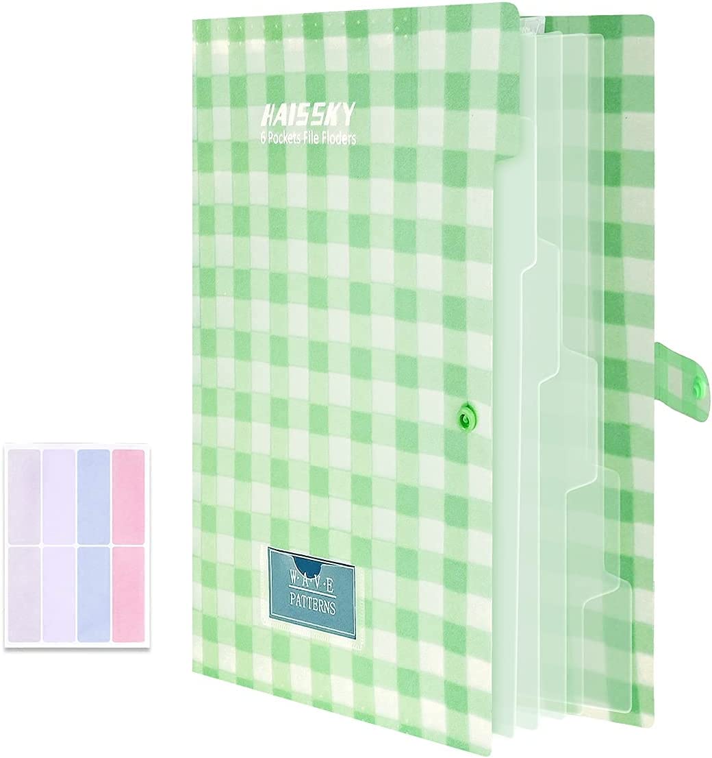 Expandable file folder, 6 pockets, (	Plaid Green)