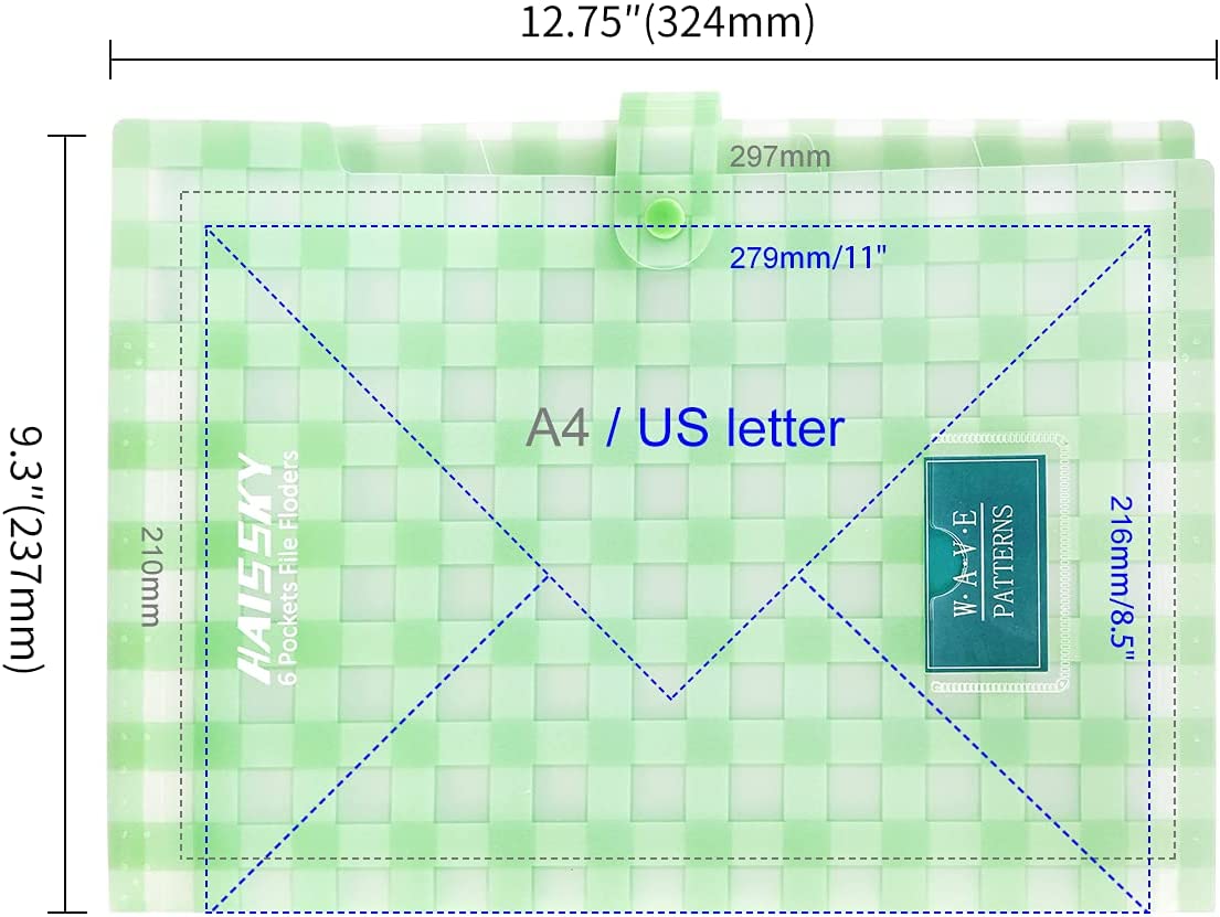 Expandable file folder, 6 pockets, (	Plaid Green)