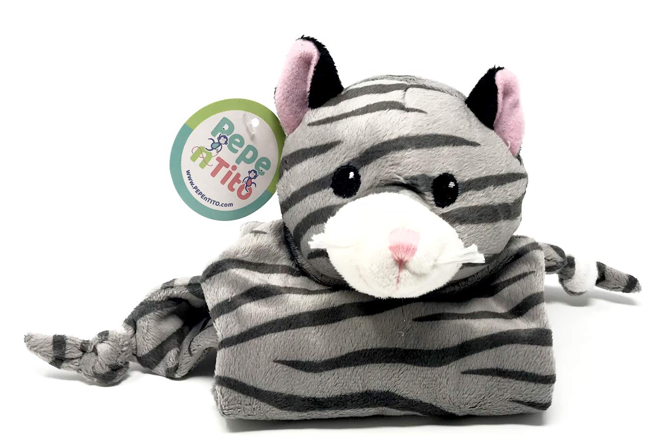 Soft Fleece Baby Security Blanket with Stuffed Animal (Grey Cat)