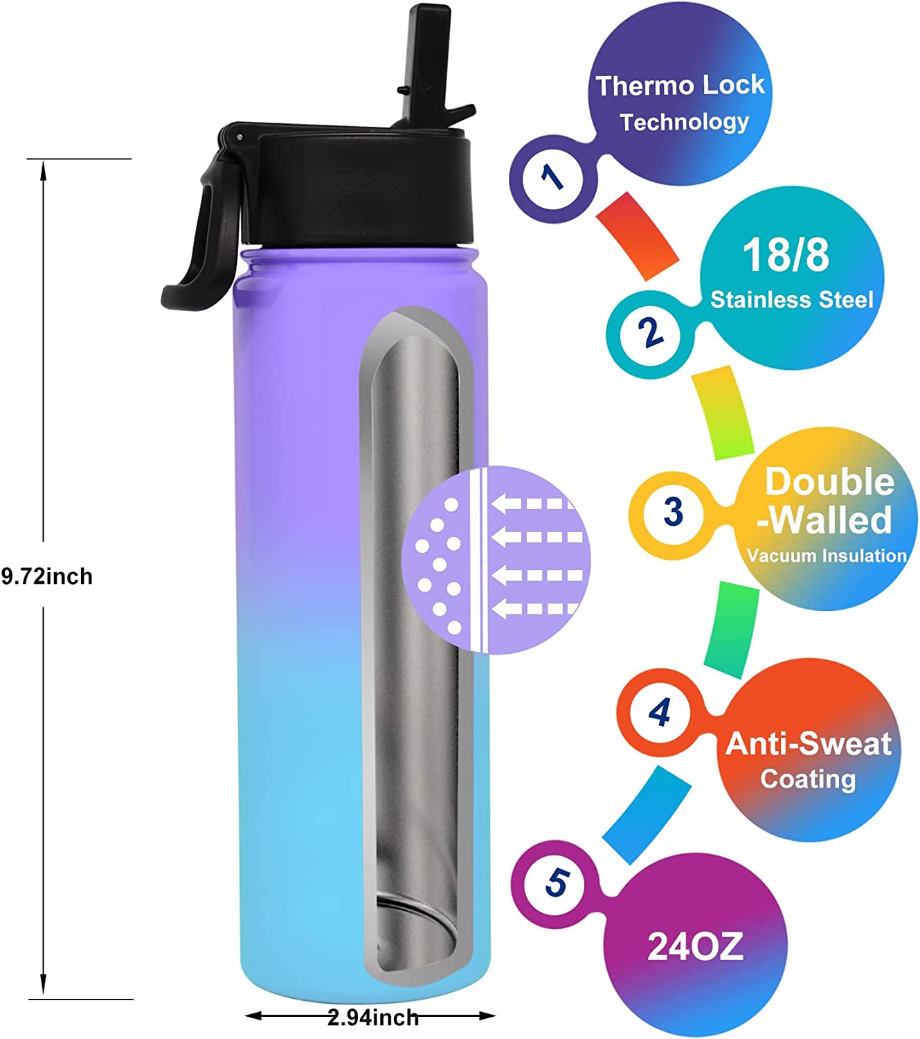 Vacuum Insulated Water Bottle (Purple, 24oz)