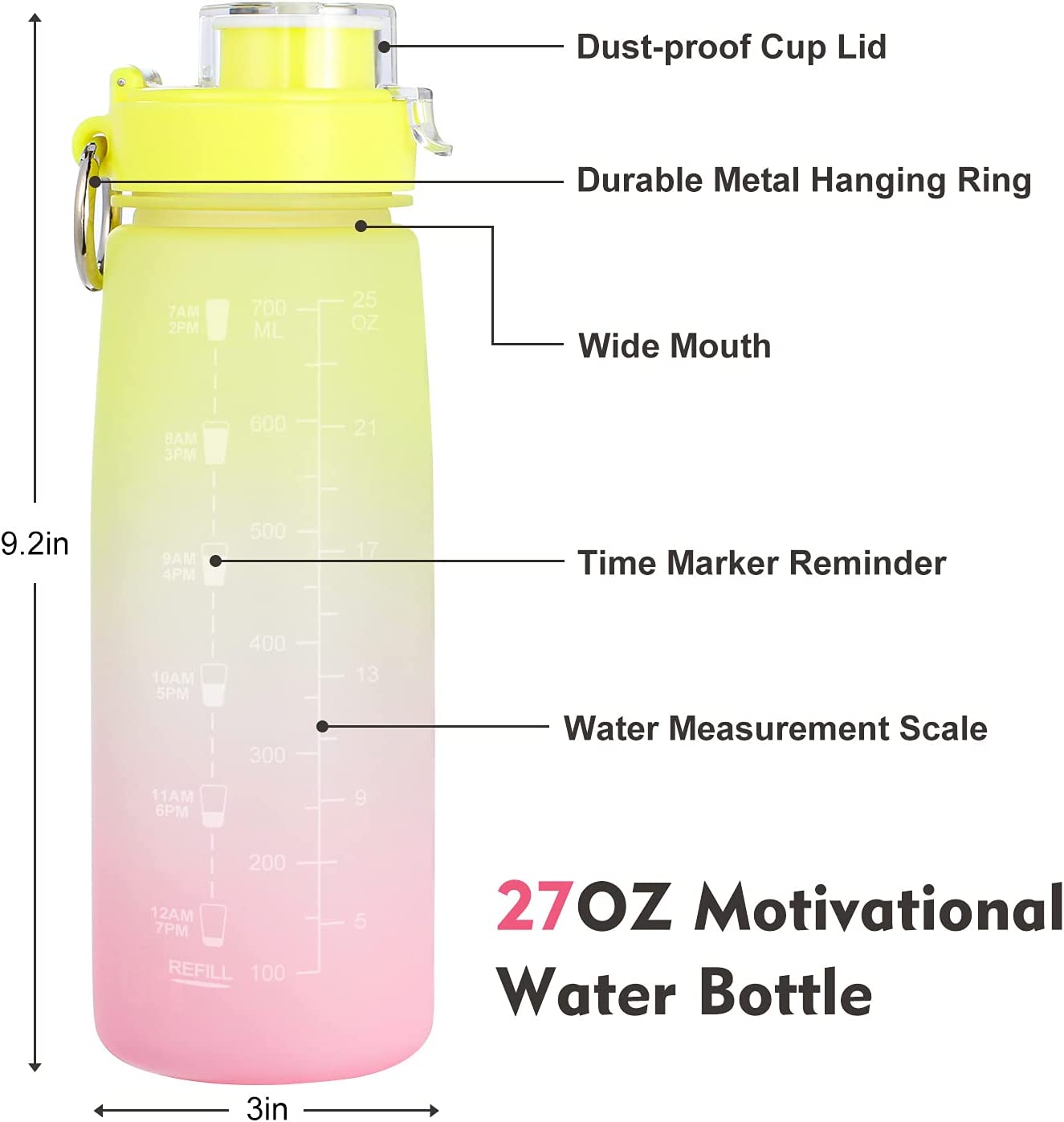 Motivational Sports Water Bottle: 27oz 800ml Yellow/Pink