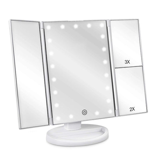 Tri-fold lighted vanity mirror with 21 led lights - white