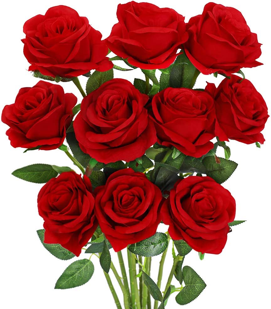 Artificial Red Rose Flower, 10 pack