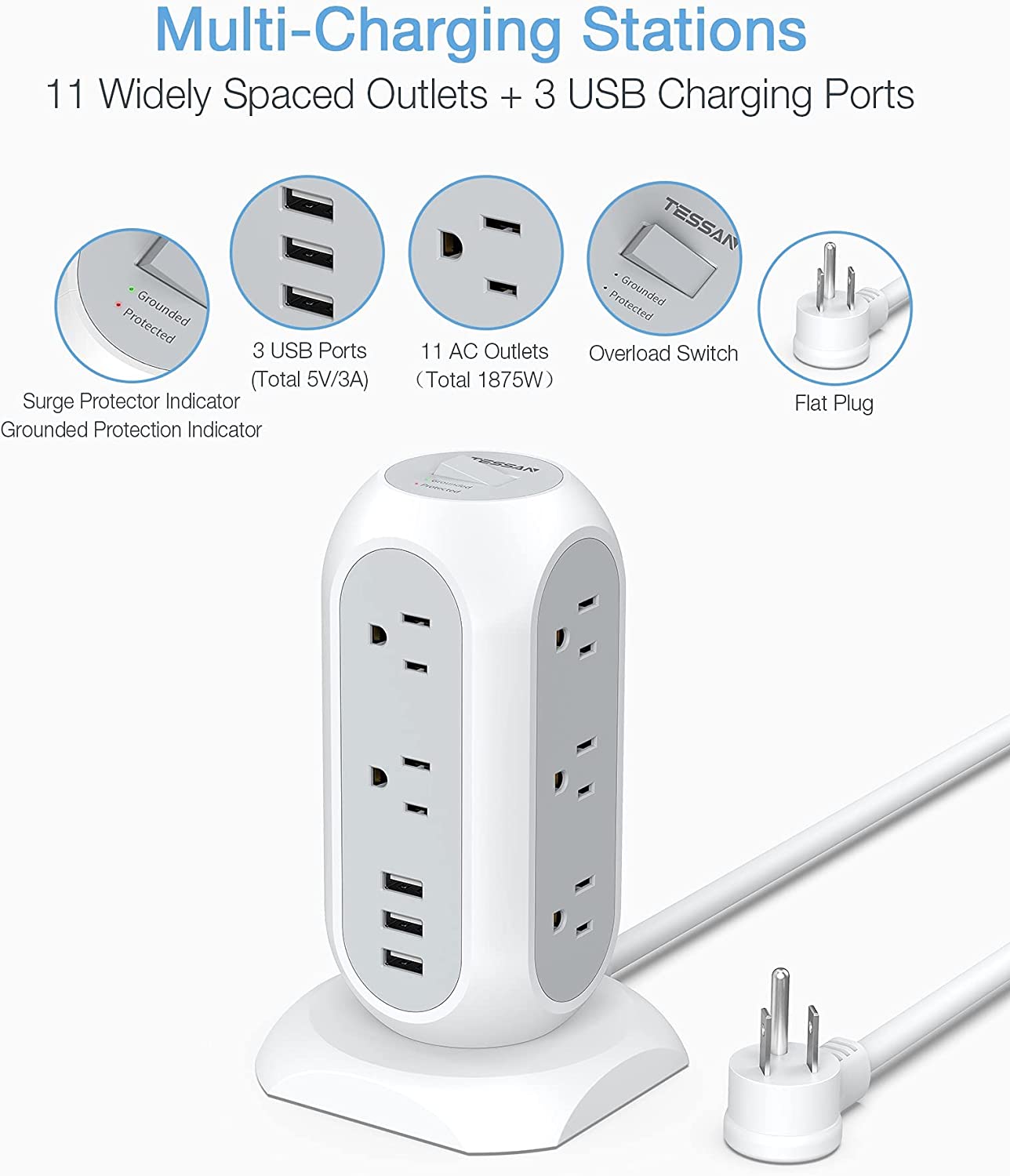 multi-device charging tower,11 outputs,3 usb ports,1875 w /15 a