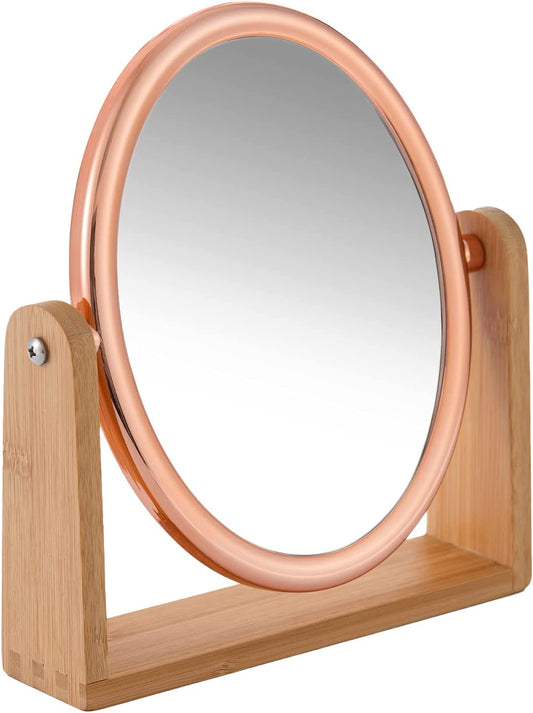 Double-sided mirror with 10x bamboo stand(rose gold, oval)