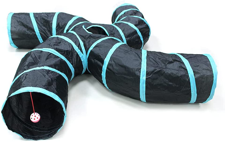 Cat tunnel, 4 way, foldable, blue and black color, polyester