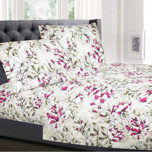 Purple Floral Pattern 1800 Thread Count 4-Piece Sheet Set