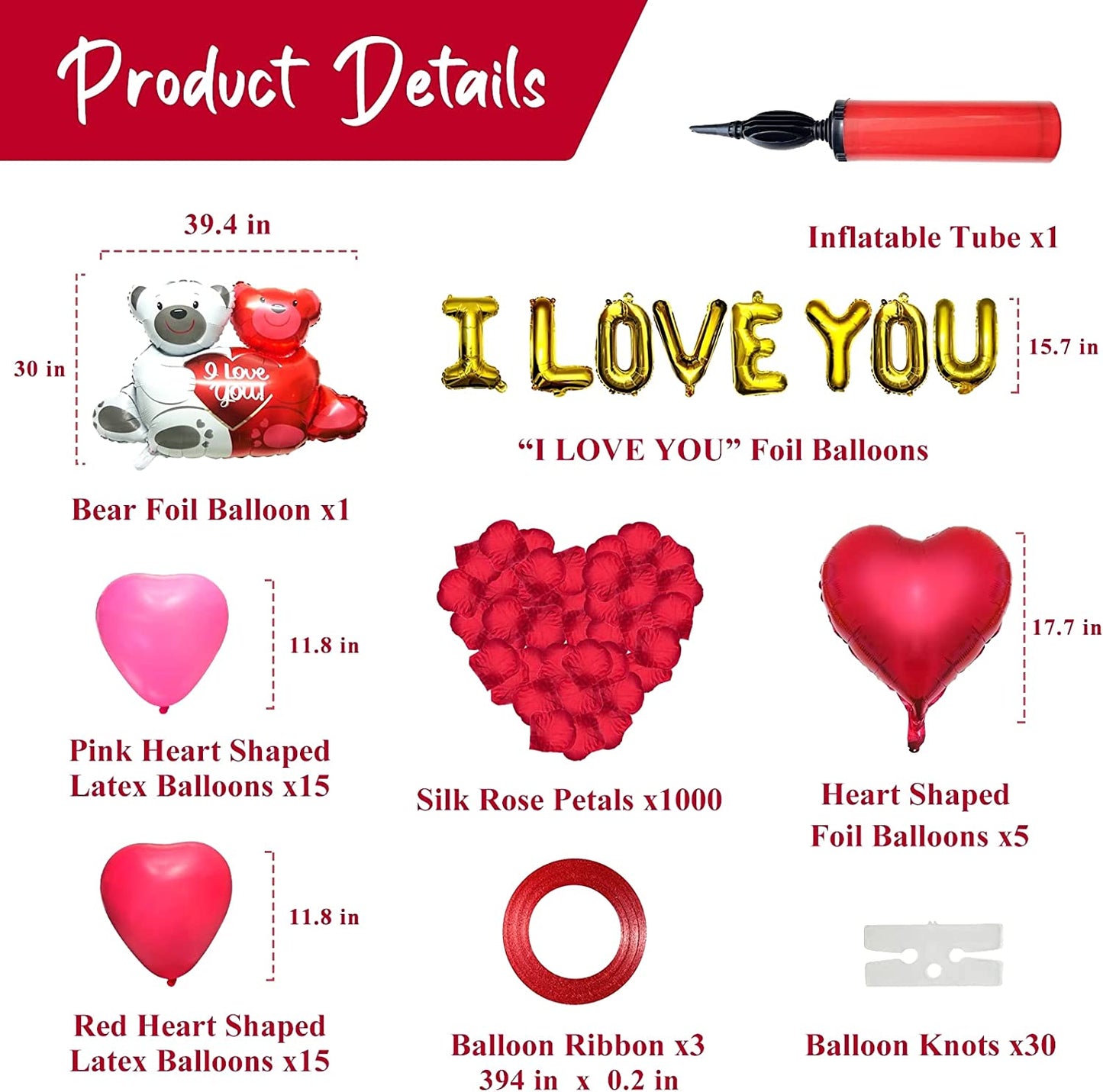 Valentine Balloons Decorations Hearts, Bears, 1000 Pieces