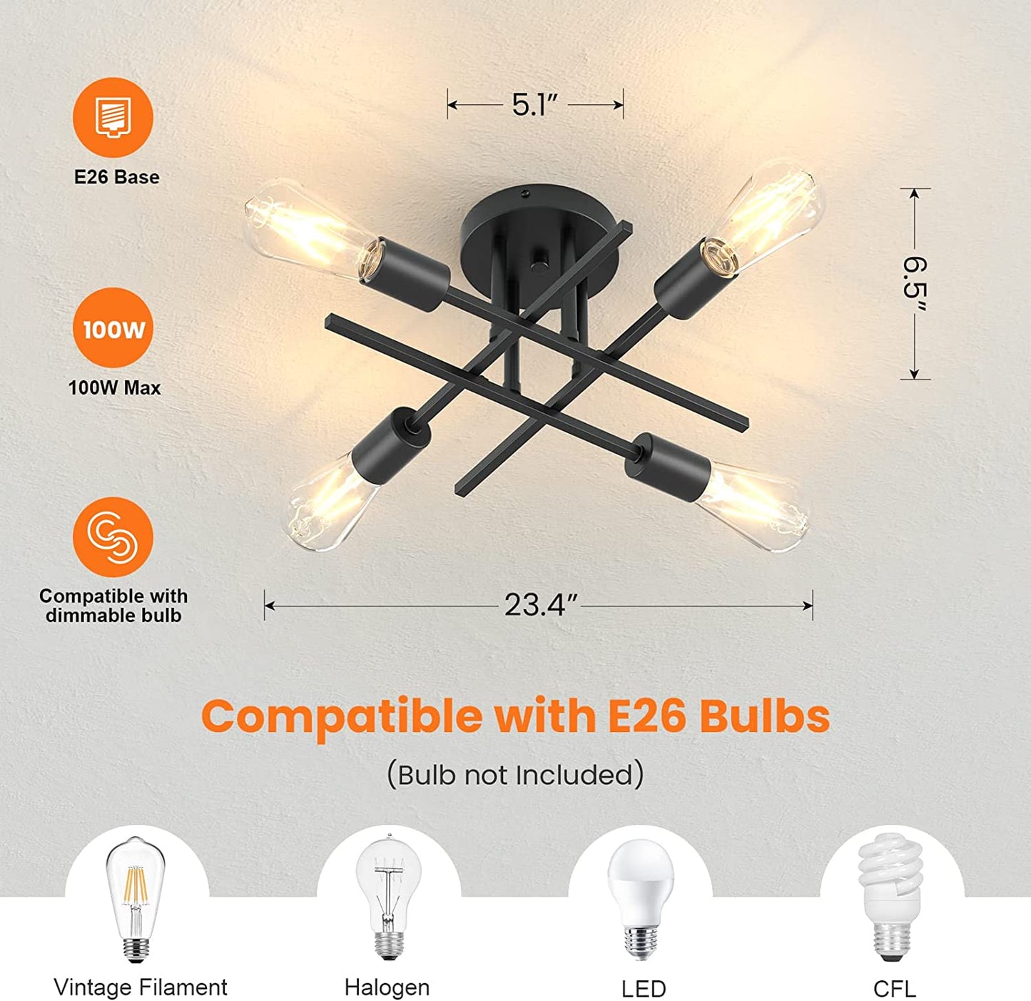 Semi Flush Mount Ceiling Light Fixture, 4 Lights