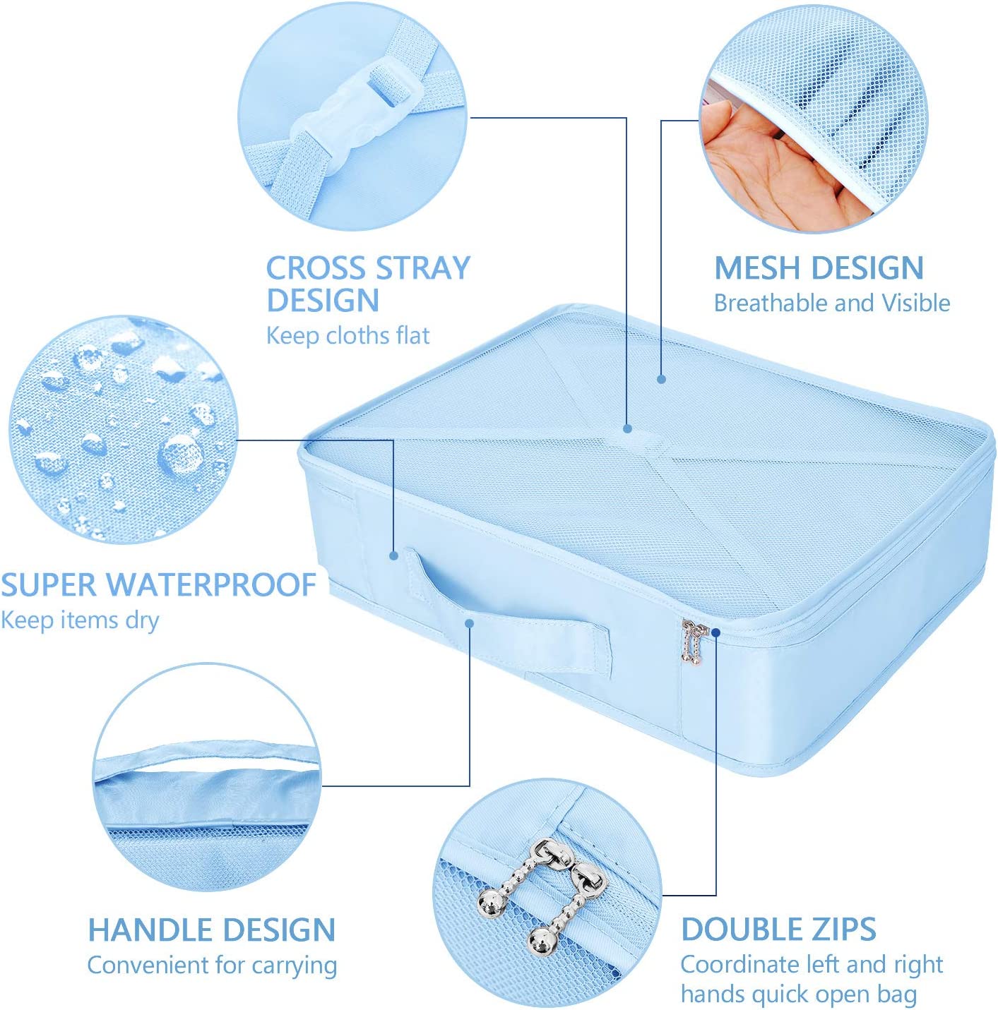 Travel packing cubes, waterproof, 8 pieces (light blue)