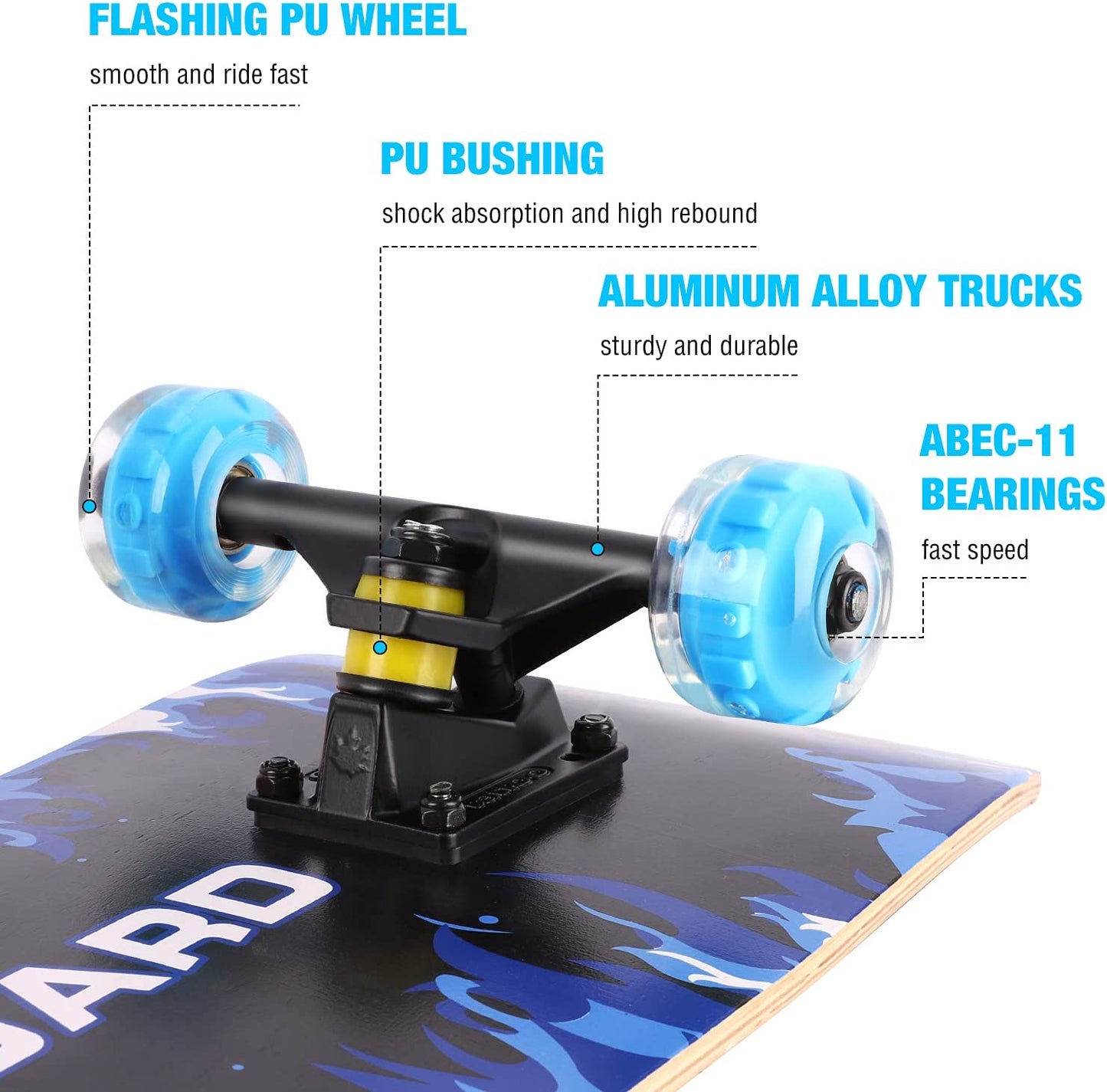 Standard Skateboard, 31" x 8" with Colored LED Light Up Wheels