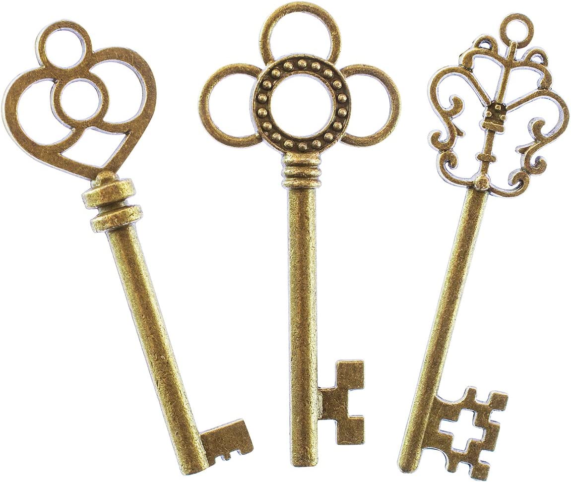 Antique style bronze brass keys, tipe medieval 30 pc, color: gold