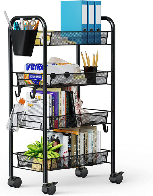 4 Tier Metal Rolling Cart, Office Storage Organizer Cart