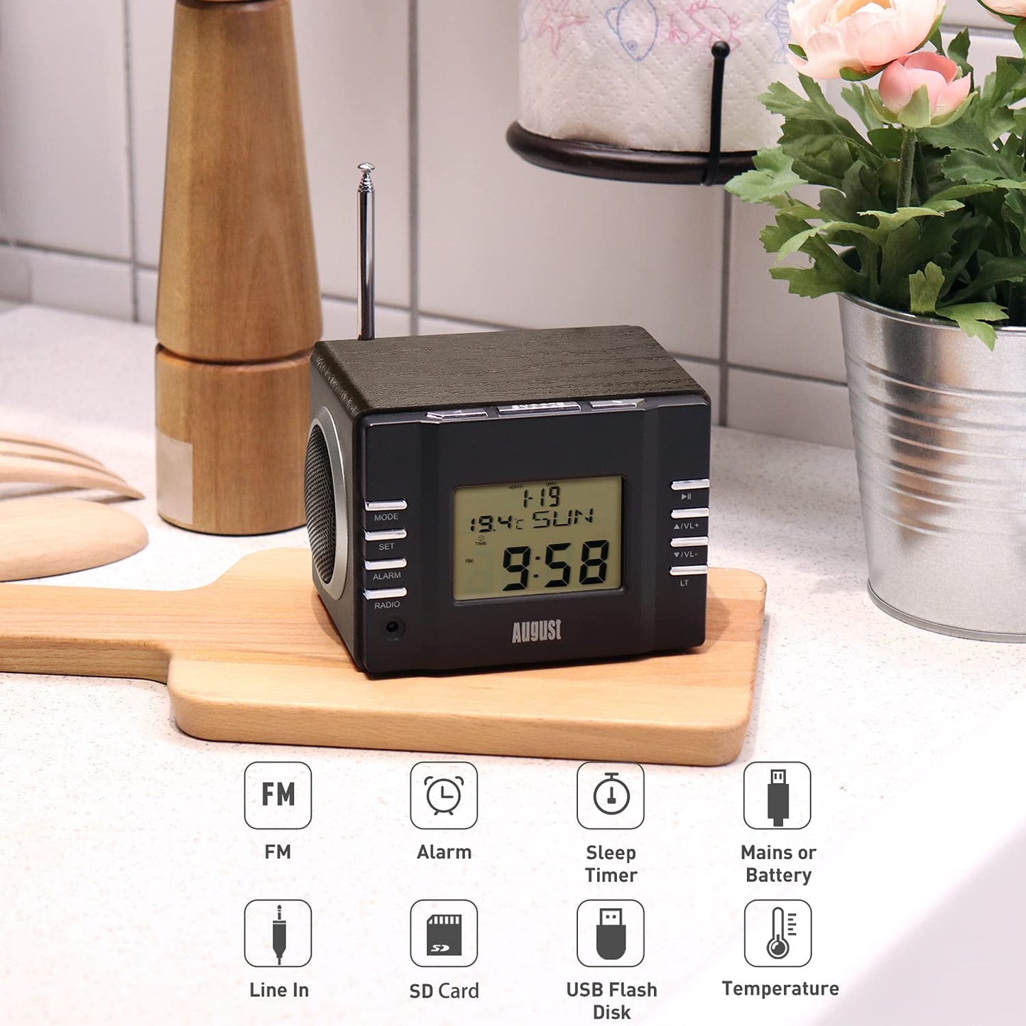 Clock Radio, 5,12 x 3,74 x 3,54 in, Color:Black