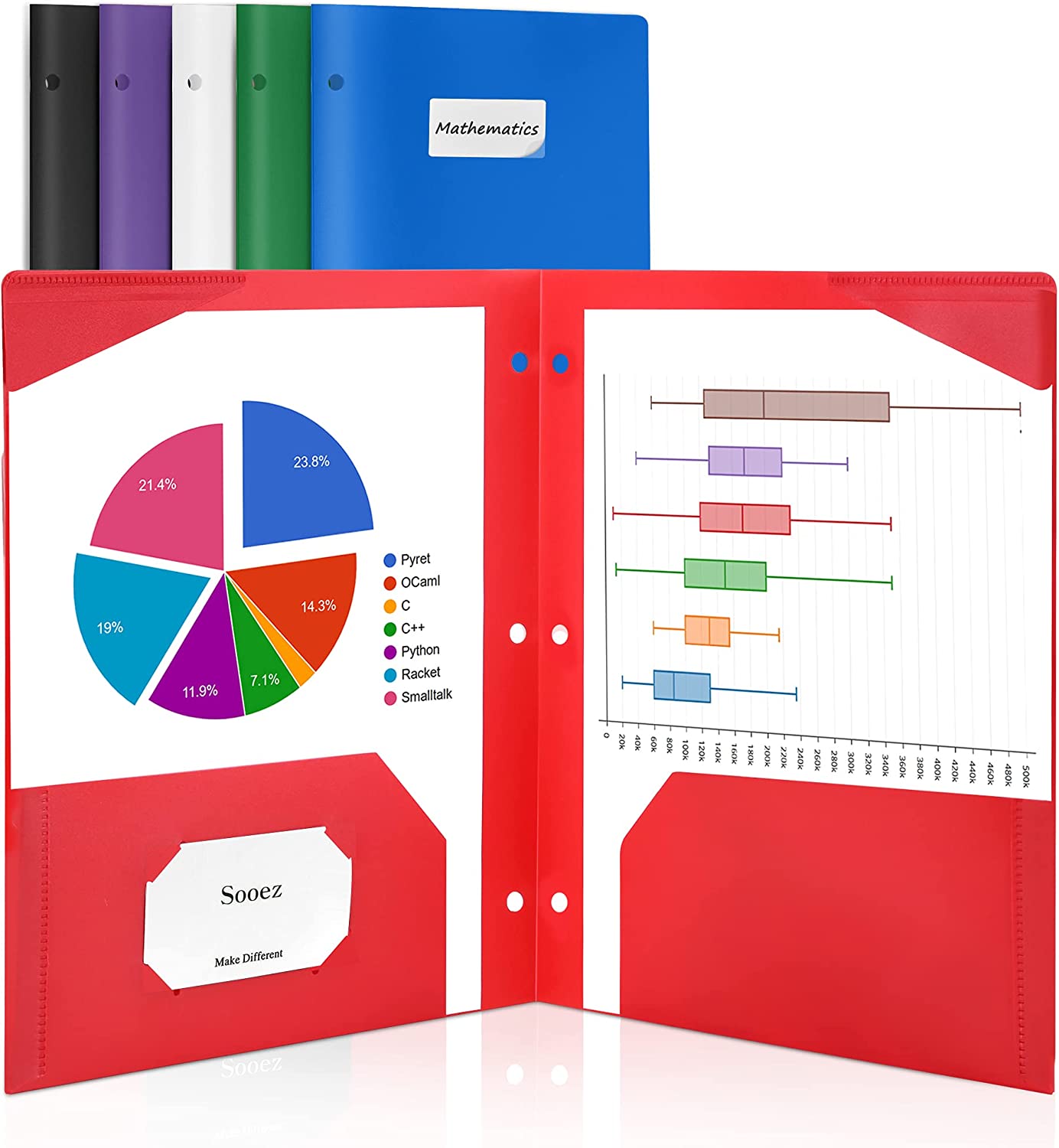 6 Pack 3 Holes 2-Pocket Folders with Labels