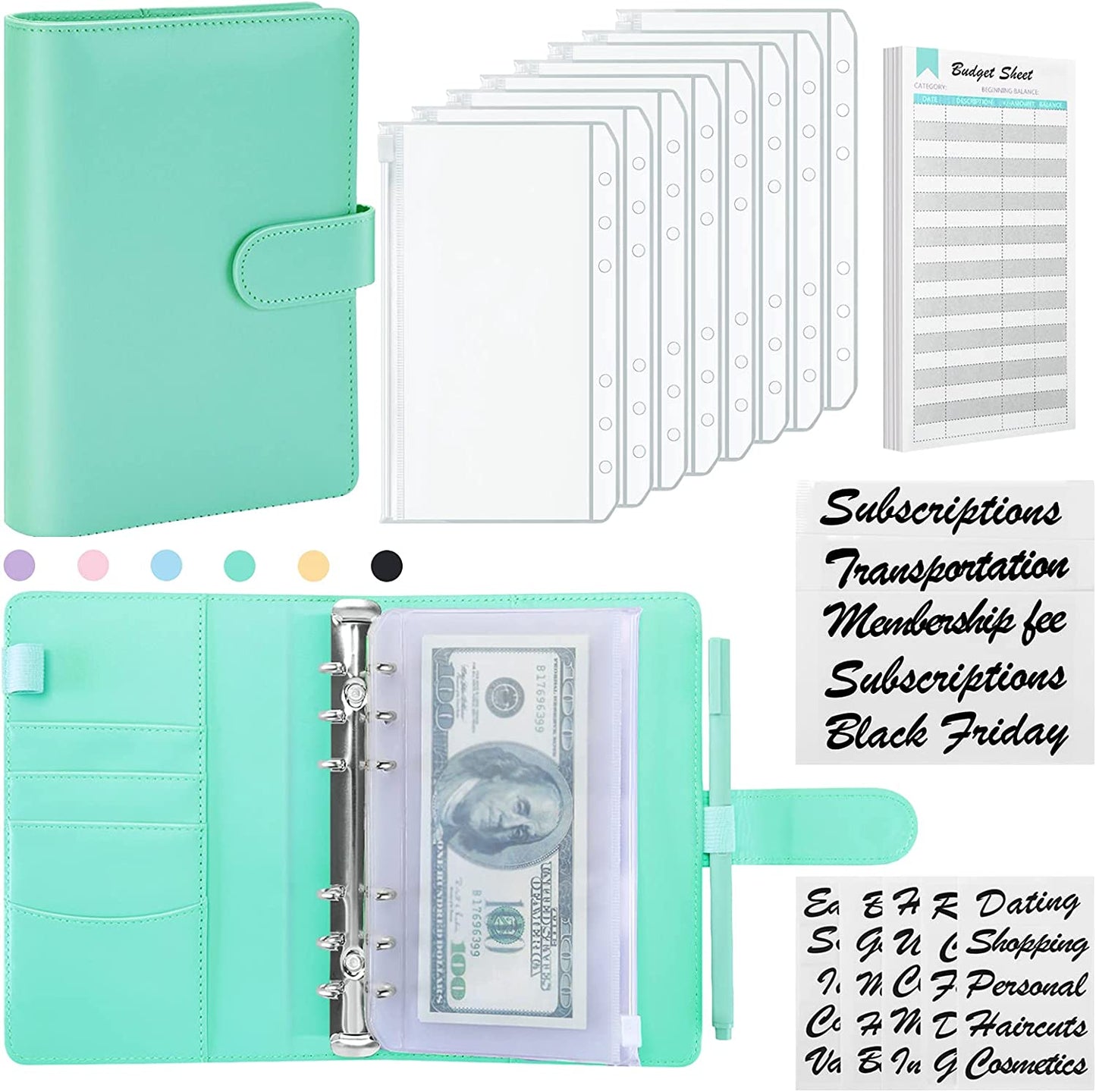 Document Organizer, 6 Rings, 8 Pockets, 24 Sheets, Mint Green