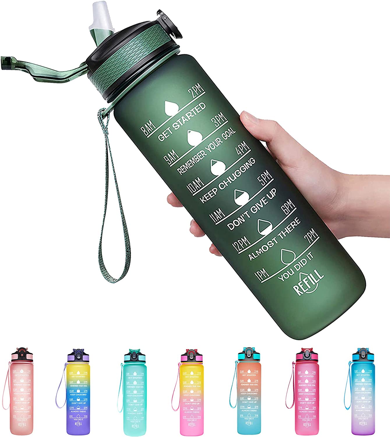 32oz Leak Proof Drinking Water Bottle with Time Marker and Straw