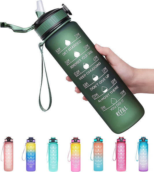 32oz Leak Proof Drinking Water Bottle with Time Marker and Straw