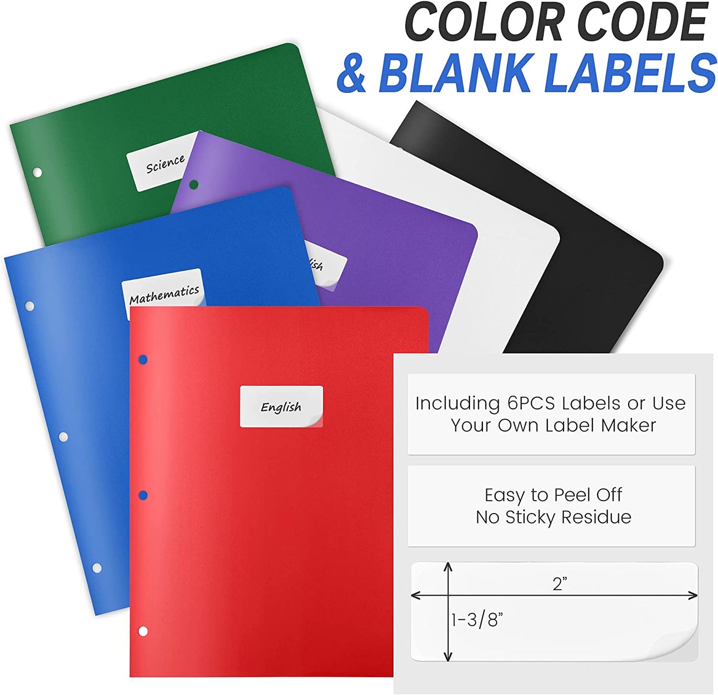 6 Pack 3 Holes 2-Pocket Folders with Labels