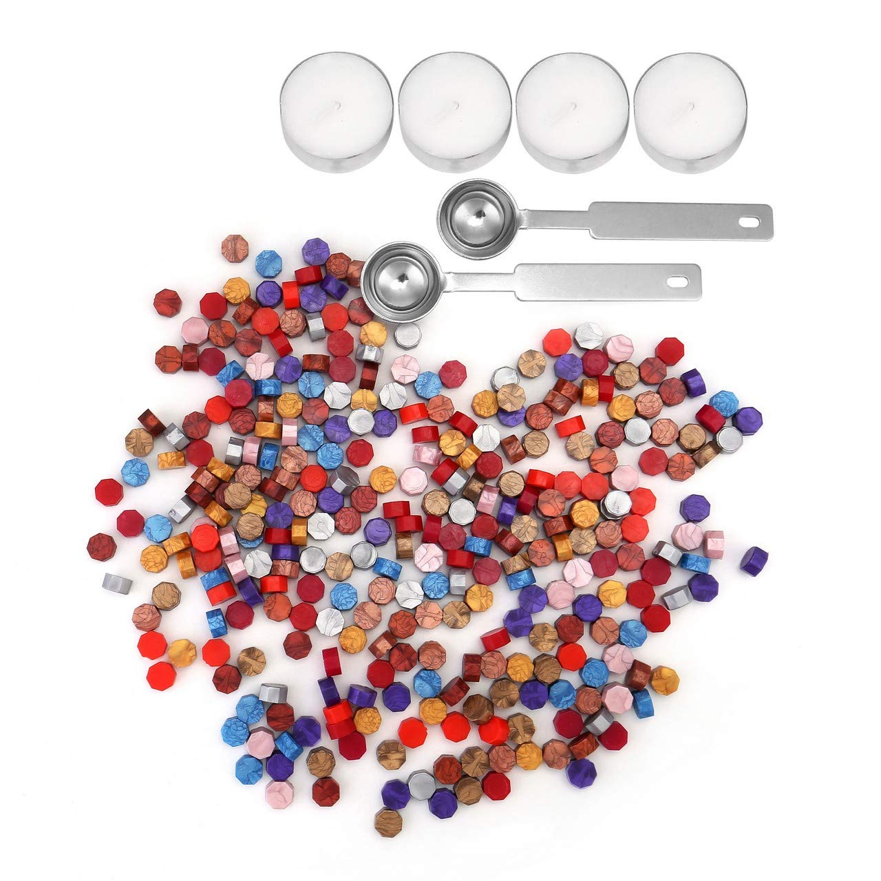 300 sealing wax beads, 2 melting spoons and 4 candles (12 colors)