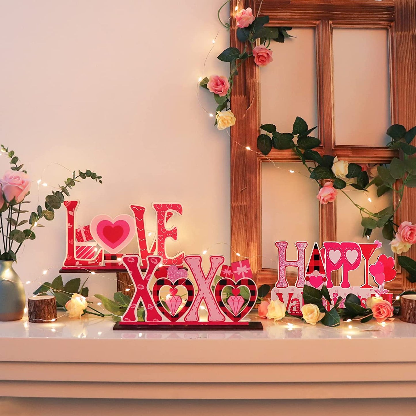 Valentine's Day Decorations Love Wooden Table Sign, 3 Pcs