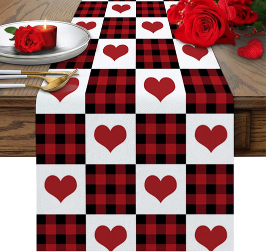 Linen and cotton checkered table runner, Happy Valentine's Day