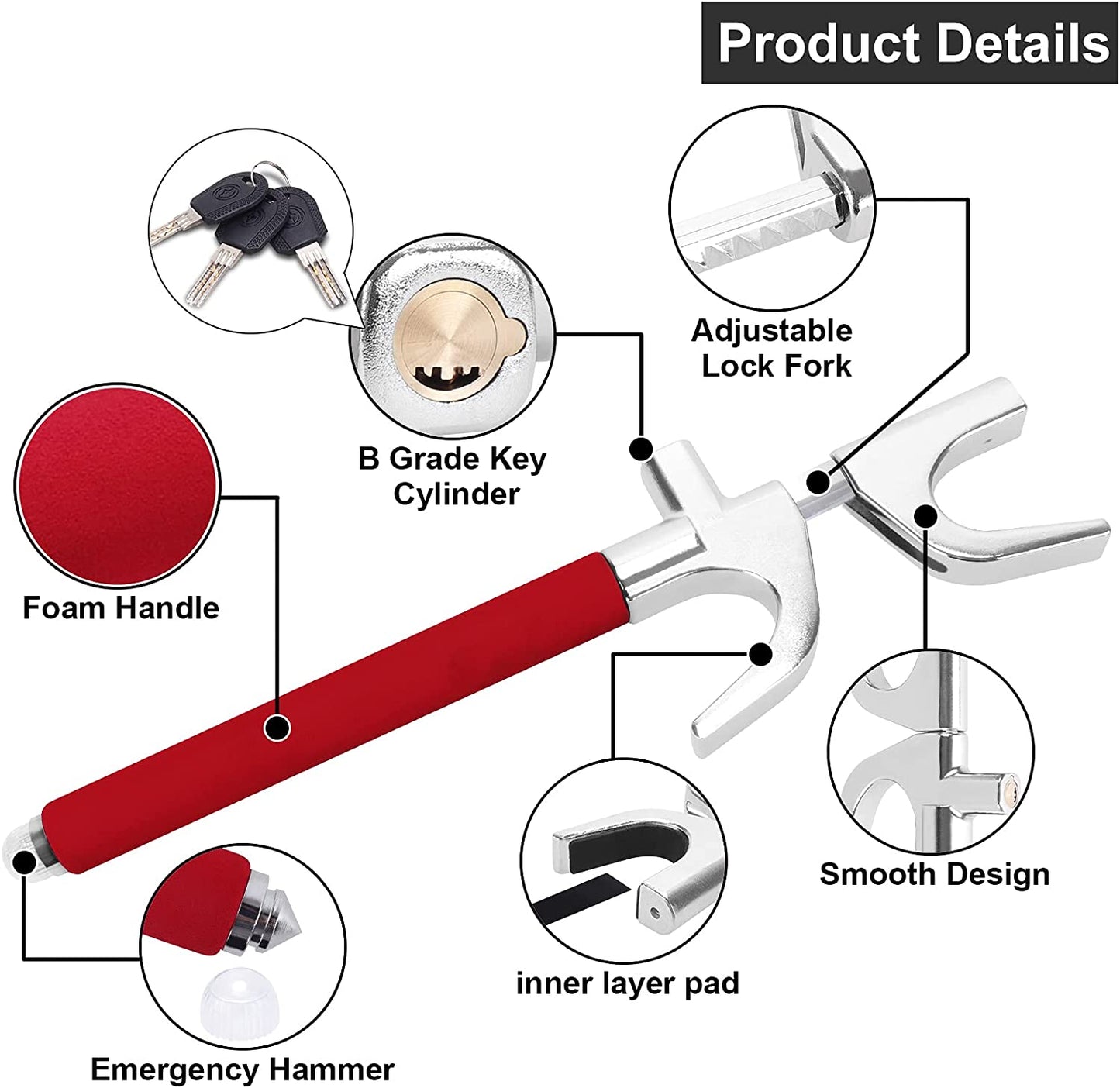 Steering wheel lock, (red), 16.93 x 5.91 x 1.97 inches