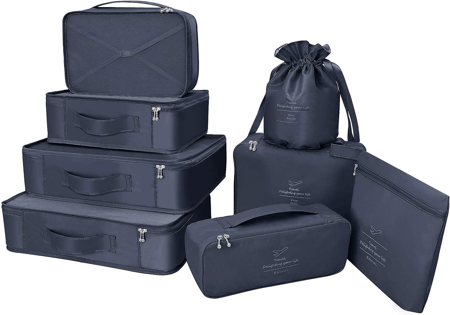 Travel packing cubes, waterproof, 8 pieces (navy blue)