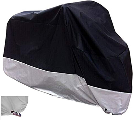 Black waterproof motorcycle cover that fits engines up to 116"