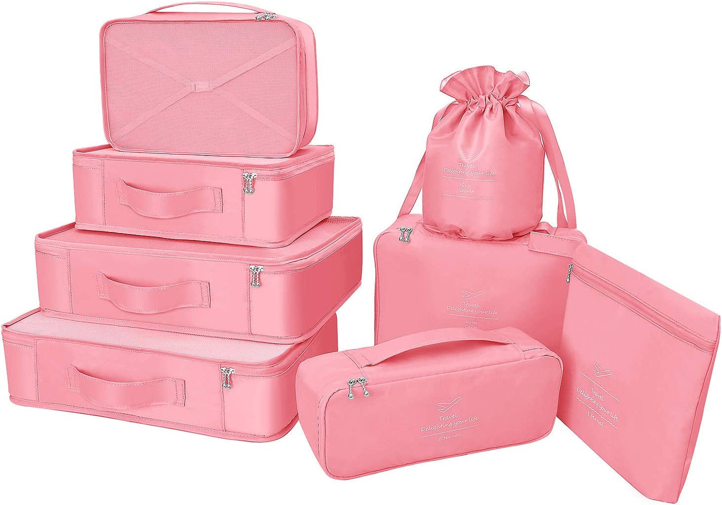 Travel packing cubes, waterproof, 8 pieces (peach pink)