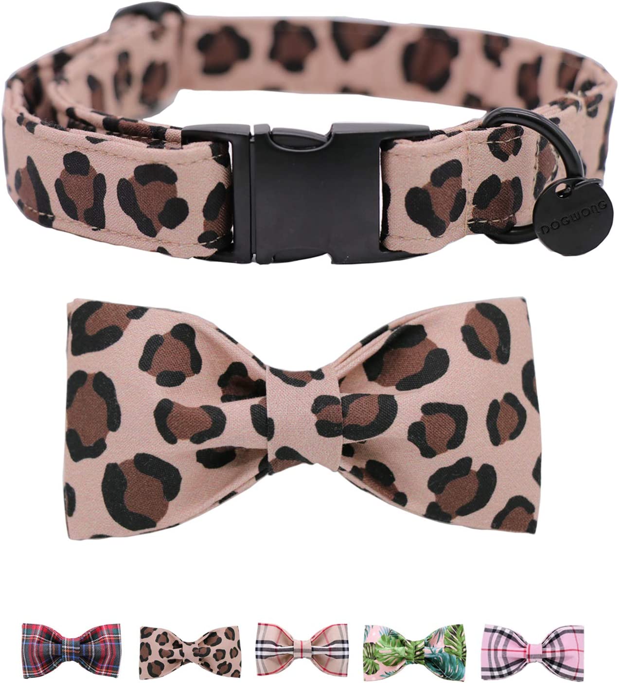 Checkered Pet Collar with Bowtie, Large, Leopard