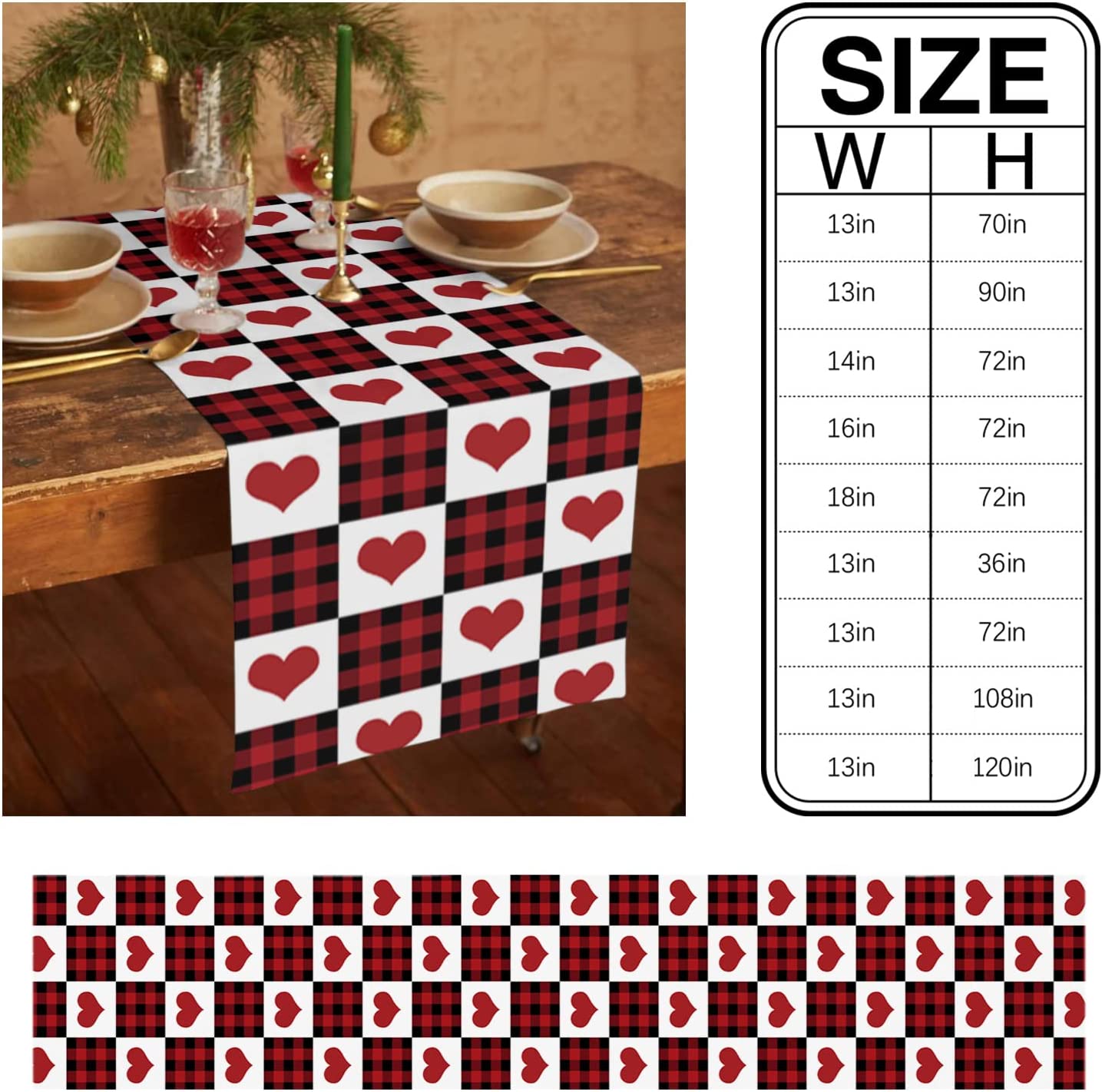 Linen and cotton checkered table runner, Happy Valentine's Day