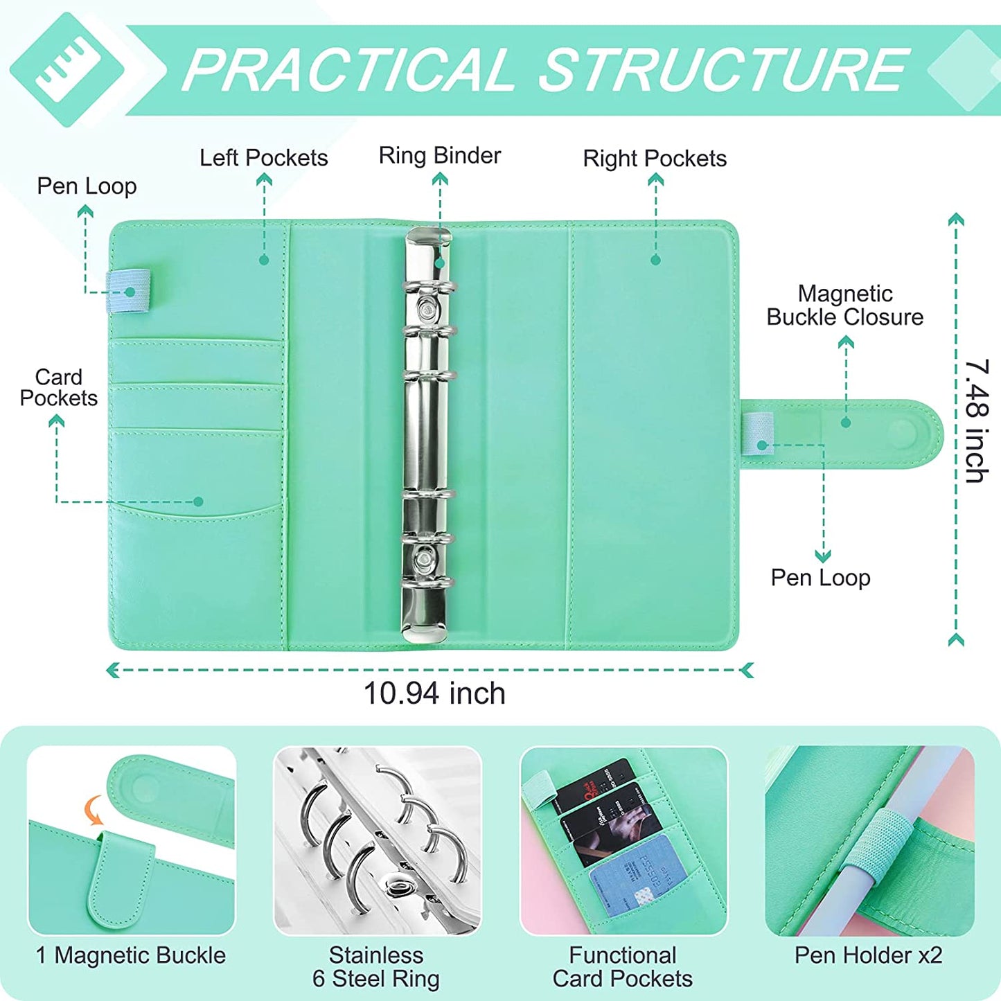 Document Organizer, 6 Rings, 8 Pockets, 24 Sheets, Mint Green