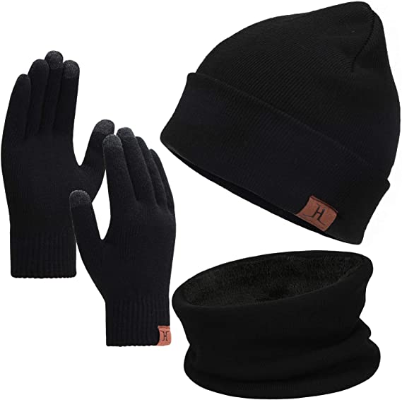 Winter hat, scarf, warm knitted touchscreen gloves