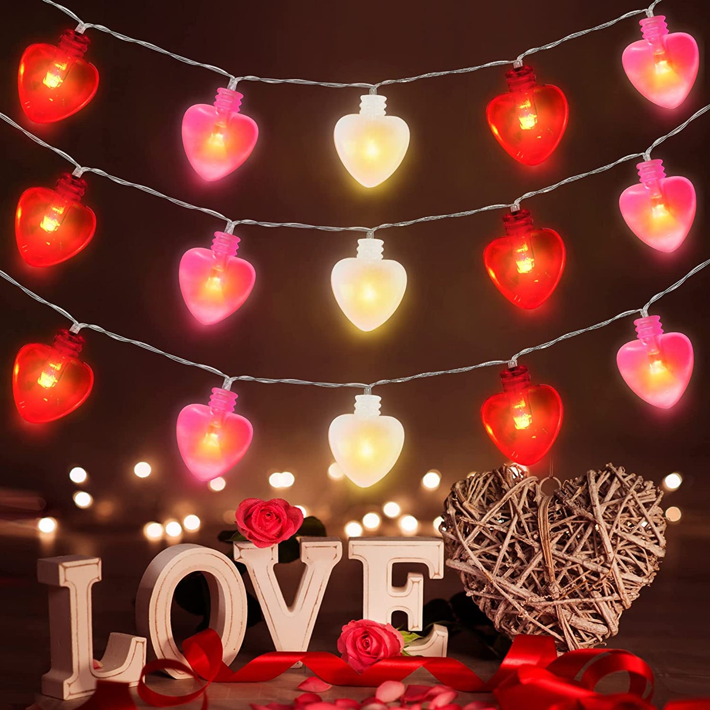 Decorative String Lights for Valentine's Day, (Red, Pink, White)