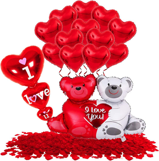 40 Inch Teddy Bear Balloons Set,  1000 Pieces Rose Petals, Red