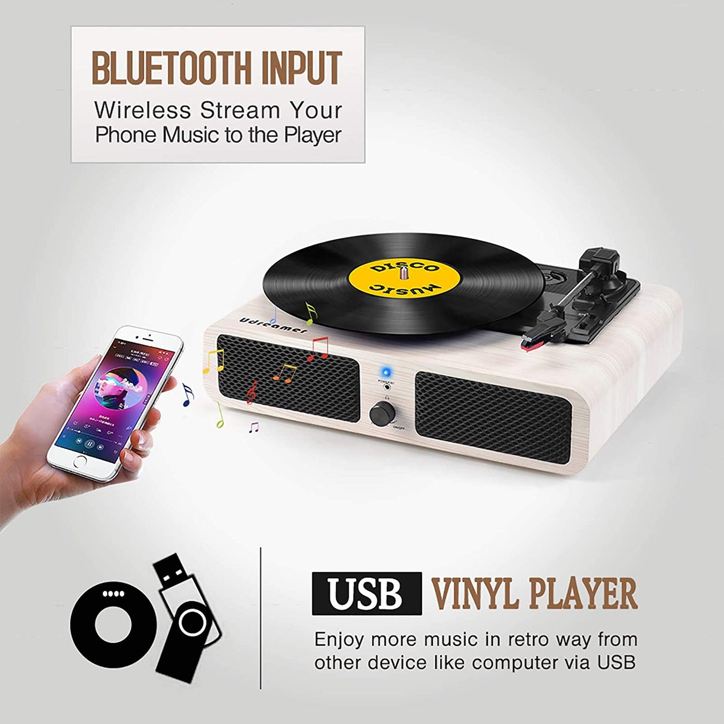 Vinyl turntable with speaker, Bluetooth, 3-speed USB Vintage