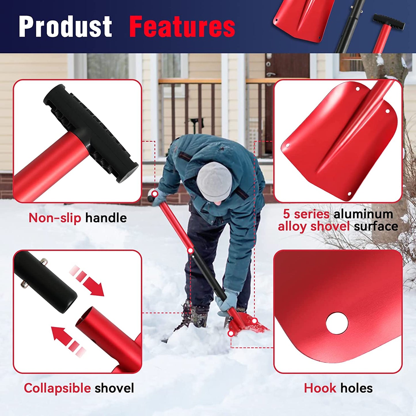 32 Inch Collapsible Aluminum 3 Piece Snow Shovel