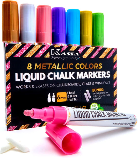 8-Pack Liquid Markers, Reversible Dual Tip, 8 Metallic Colors