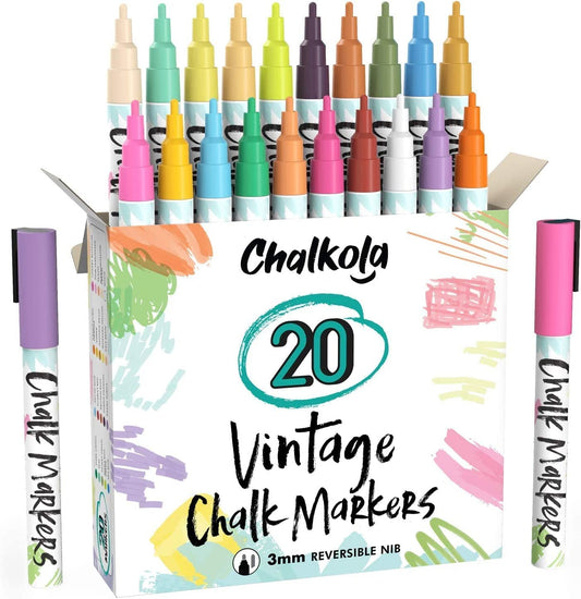 Fine Tip Liquid Chalk Markers for Chalkboard, (20 Vintage Colors)