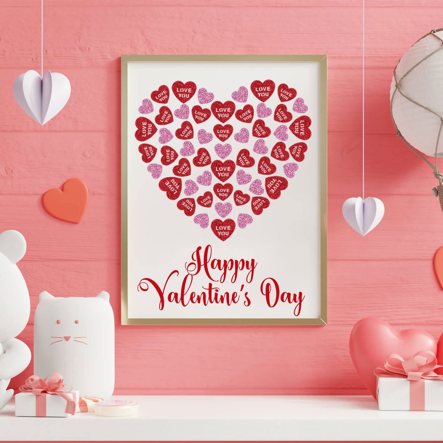 Happy Valentines Day Decor Heart Banner (Red Glitter)